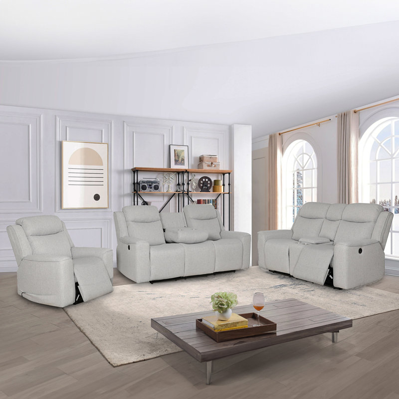 Ensemble de salon contemporain rembourré 3 pièces avec fauteuil inclinable, canapé à console rabattable et causeuse avec console de rangement et porte-gobelets, blanc