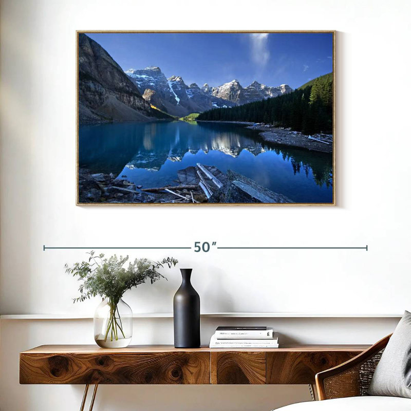 Lac pittoresque de la Moraine, 40 po x 27 po, Cadre flottant en bois naturel