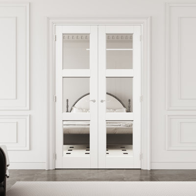 48" x 80" 3-Lite Clear Glass Interior French Door with Silver Hardware & Latch & Door Lever, Tempered Glass Door Slab with Safety, Paintable & Waterproof, Suit for Laundry, Closet Doors, Room Doors, Assembly Required