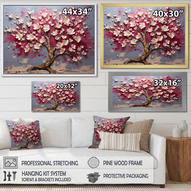 Orchidée rose et or jardin de branches V - art mural arbre, Cadre flottant doré, H 24 po x l 32 po x P 1 po