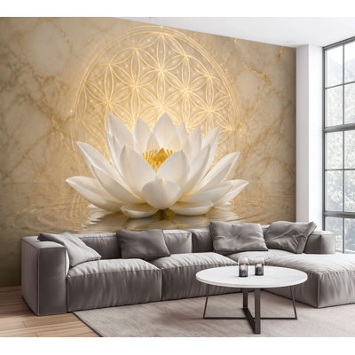 Wall Mural Peel and Stick Wallpaper White Lotus Flower Mandala Reflections Water Golden Self-Adhesive Removable Contact Paper Wall Decor for Living Room Bedroom 100"H x 144"W