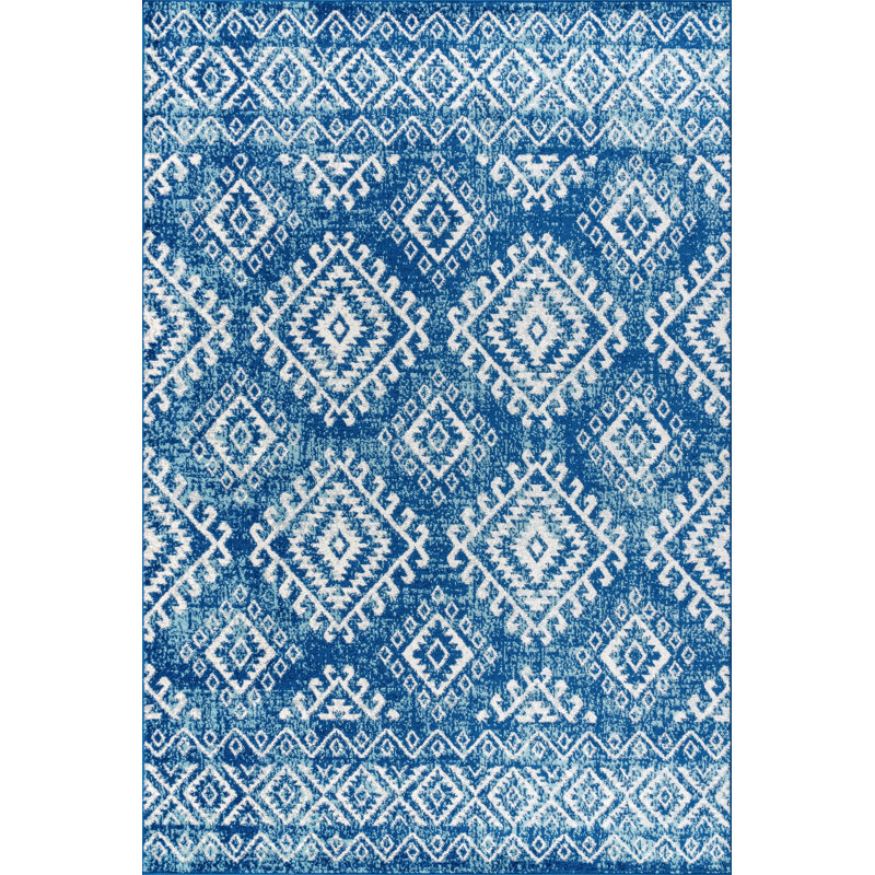 Tybalt Moroccan HYPE Boho Vintage Tribal Blue/White Rug, Rectangle 3' x 5'