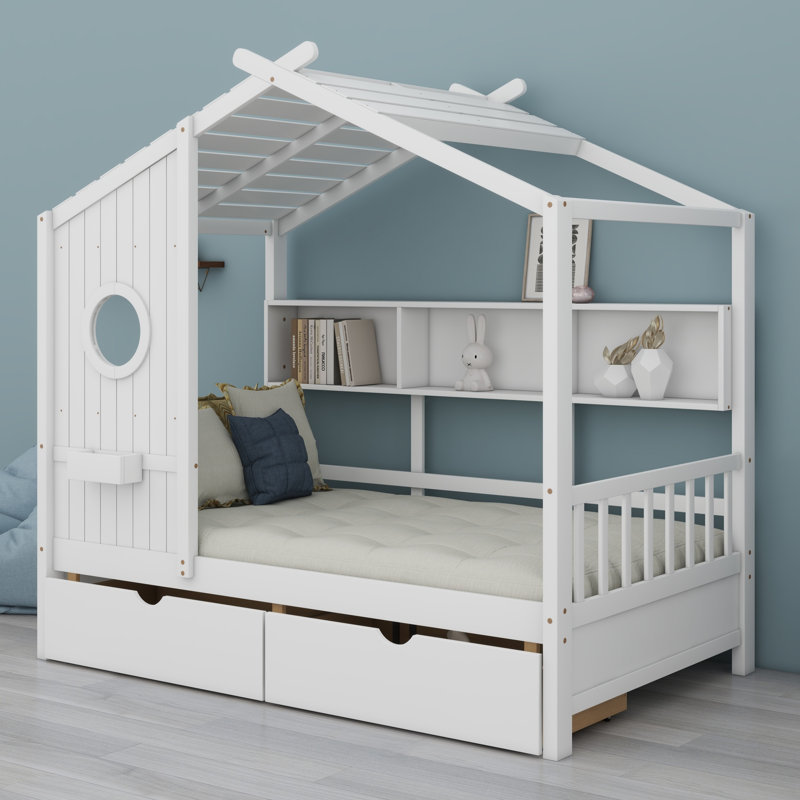 Lit maison avec tiroirs, tablette de rangement, Blanc