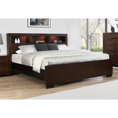Cappuccino Copper Eastern King Bed With Led, Storage Bookcase And Bedroom Sophistication Led Headboard Shelf Setup