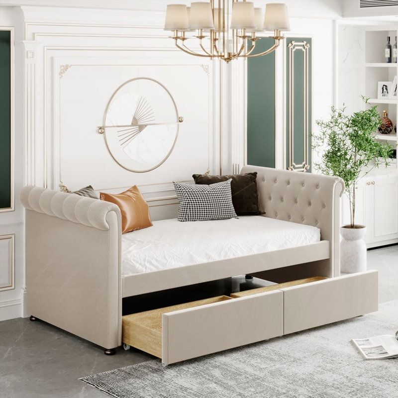 Lit de jour simple rembourré avec tiroirs et amp; Support en lattes de bois, beige (aucun sommier requis, durable)