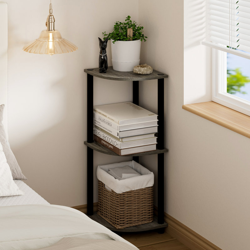 3-Tier 30" Wooden Round Corner Shelf for Living Room, Office, French Oak Gray/Black