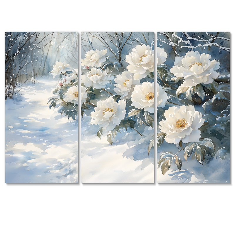 Pivoines le long du sentier glacial I - Art mural pivoines - ensemble de 3, H 40 po x l 60 po, Toile tendue