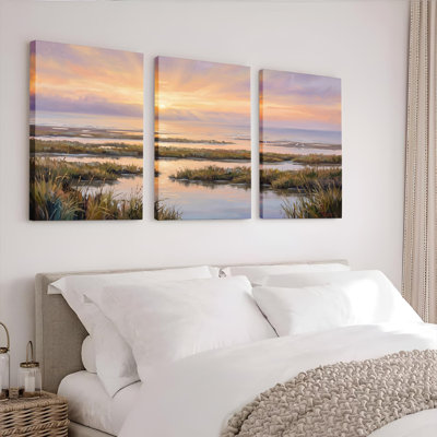 Coucher de soleil au coucher du soleil, art sur toile tendue, ensemble de 3 reproductions de peintures à l'huile pour salon