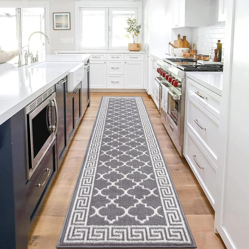 Tapis de cuisine antitaches, 96" L x 24" W, Gray Geometric Shapes