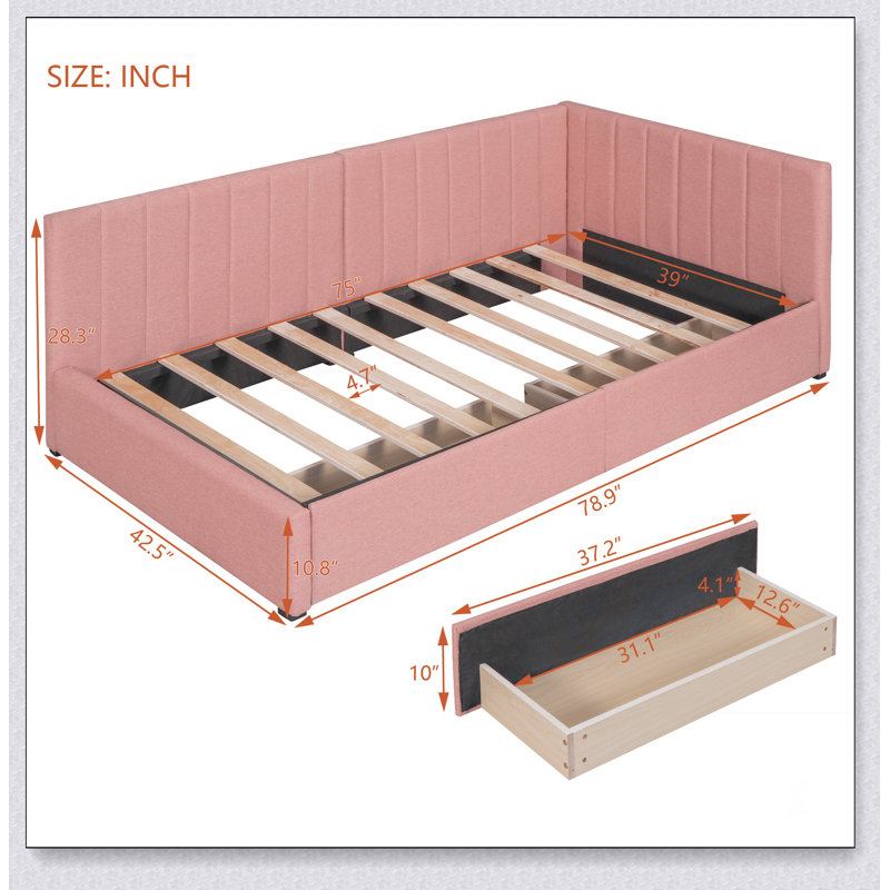 Upholstered Daybed With 2 Storage Drawers Sofa Bed Frame, Pink