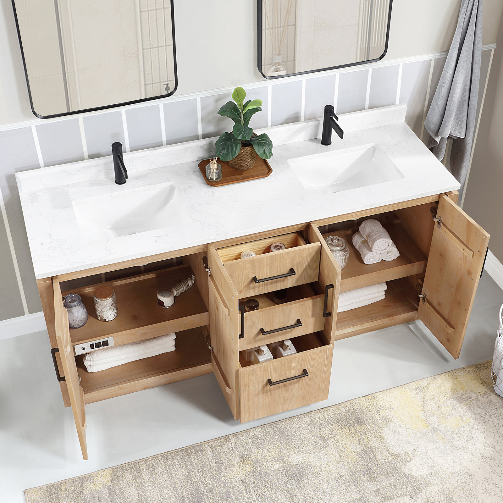 Cloverfield 72'' Double Bathroom Vanity, Fir Wood Brown, Matte Black
