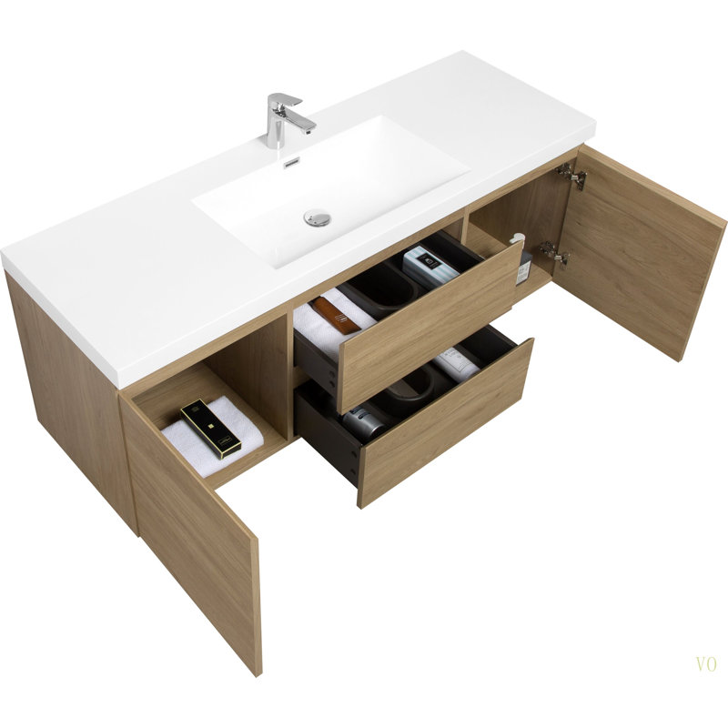 Meuble-lavabo flottant de 60 po avec lavabo, armoire de rangement murale avec lavabo à surface solide et tiroirs à fermeture en douceur entièrement assemblés