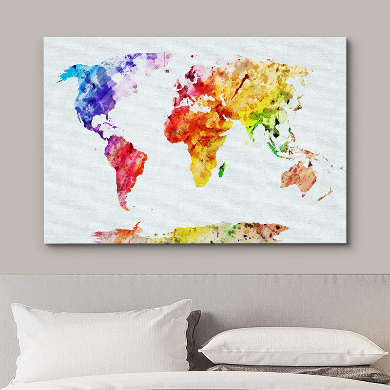 Mappemonde avec aquarelle, H 12 po x l 18 po x P 1,5 po