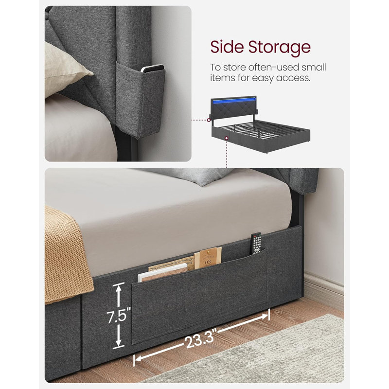 LED Bed Frame Full Size, 37.1/39.6 Inches, with Headboard and 4 Drawers, 1 USB Port and 1 Type C Port, Adjustable Upholstered Headboard, No Box Spring Needed, Dark Gray