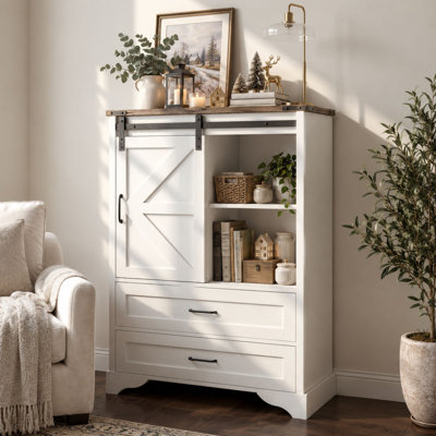 47"Farmhouse Storage Cabinet with Sliding Barn Door, 5 Drawers and Adjustable Shelf, Accent Cabinet for Living Room, Entryway, Dining Room and Bedroom