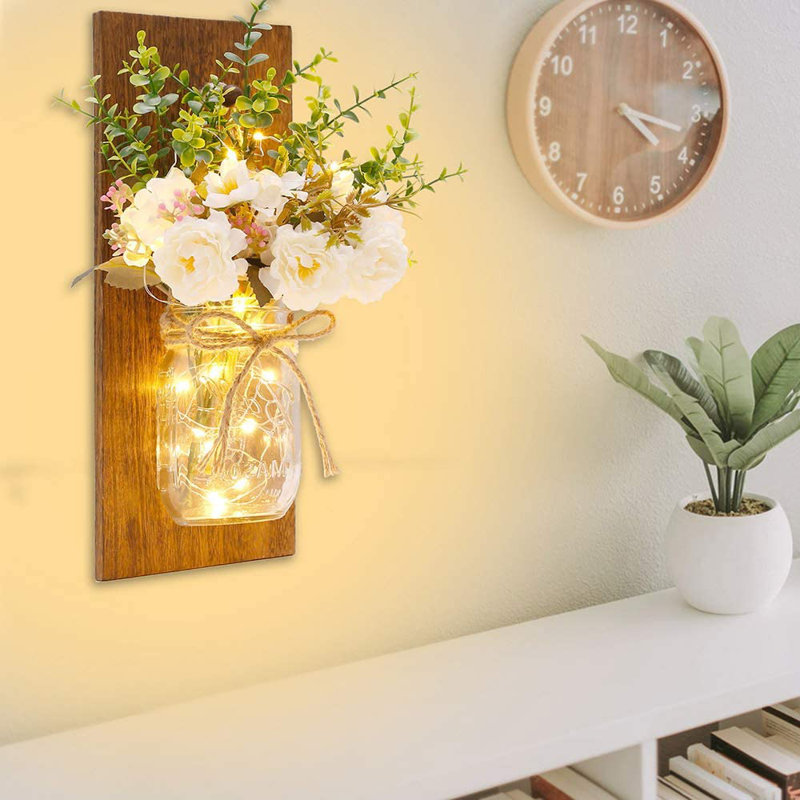 Ensemble de 2 appliques murales avec planches en bois rustique, pots Mason, lumières DEL, télécommande, Brun