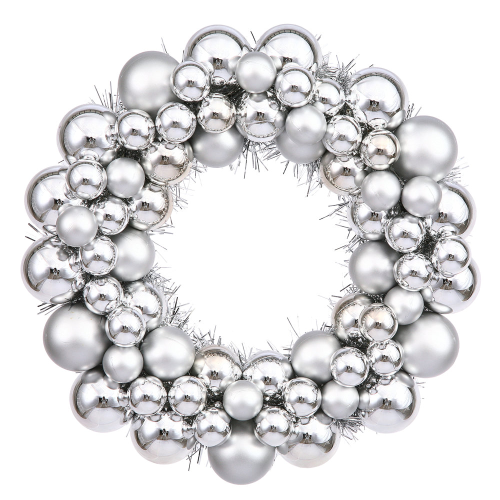 Shiny and Matte Ball Wreath, Silver, 36"