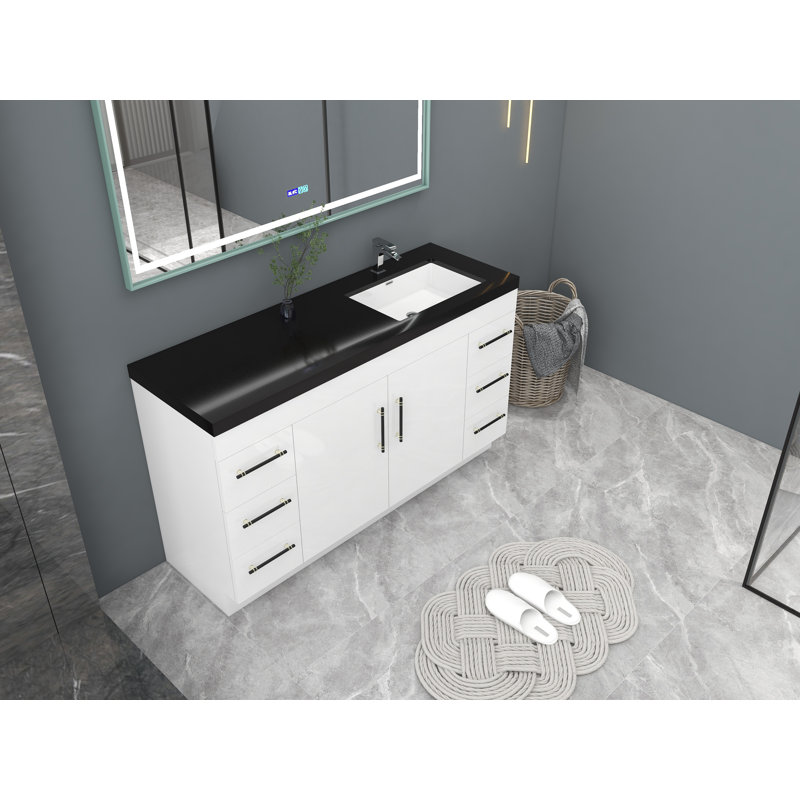 60'' Single Bathroom Vanity with Plastic Top, High Gloss White, Matte Black