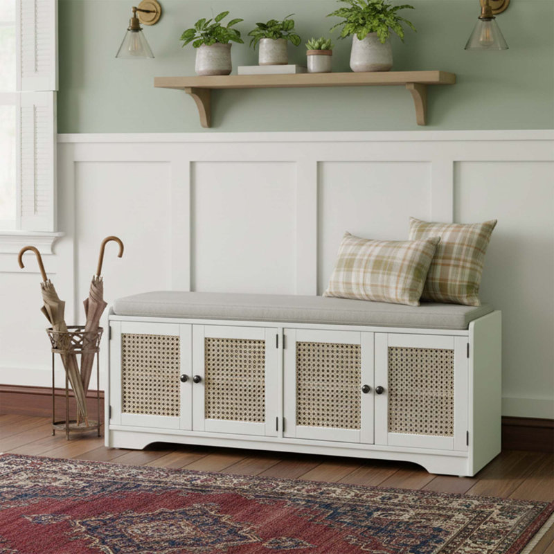 Farmhouse Rattan Door Storage Bench with Cushioned Seat, Adjustable Shelves, Multifunctional Wood Shoe Bench for Entryway, Hallway and Living Room