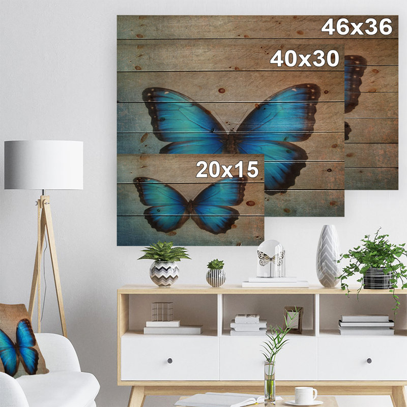 Floral, papillon bleu rétro, Impression sur toile - Papillon rétro, H 15 po x l 20 po x P 1 po, Bois