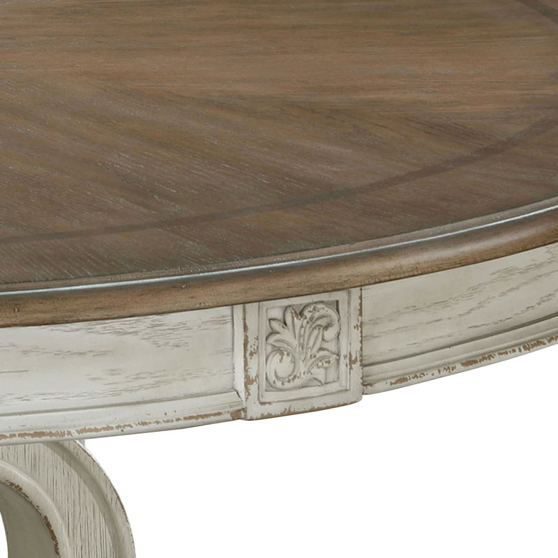 Élégante salle à manger rustique 5 pièces avec table ronde et 4 chaises d'appoint, sièges rembourrés en tissu, finition blanc antique, fabrication en bois massif, base en piédestal, incrustations complexes Détails style A, bois