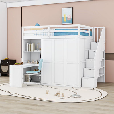 Lit mezzanine double multifonctionnel avec bureau, garde-robe élégant et tablettes de rangement