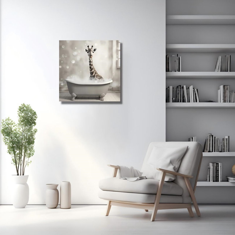 Mignonne girafe dans une baignoire, art mural sur toile sans cadre 16 po x 16 po