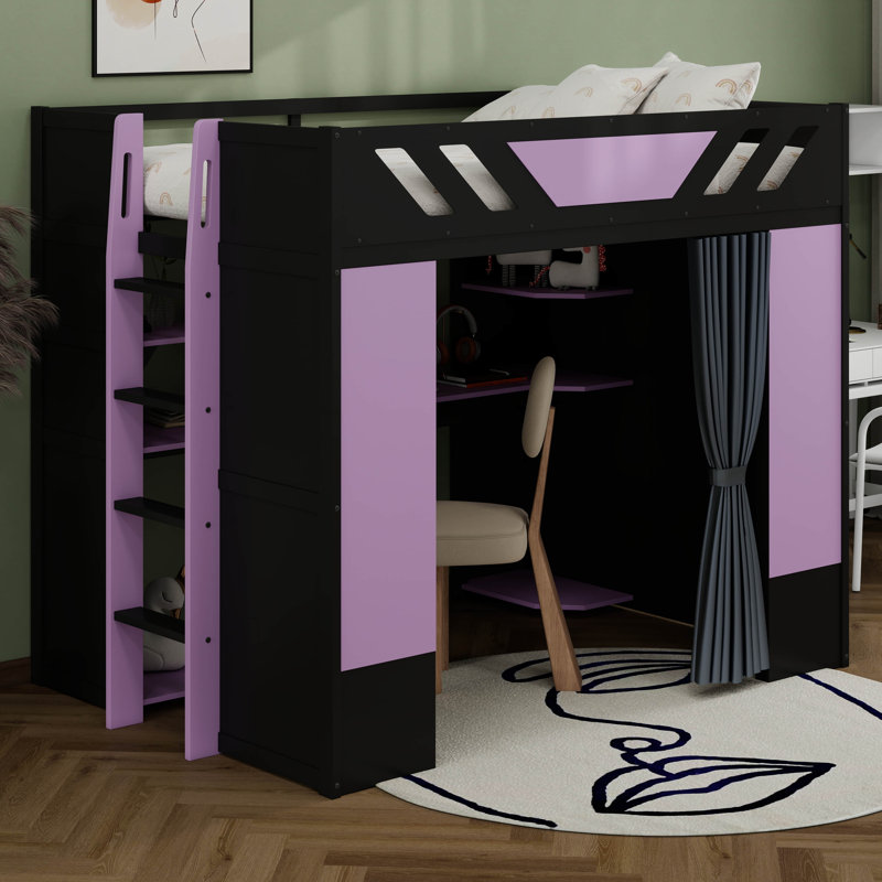 Full Size Wood Loft Bed With Built-In Workstation, Smart Storage, RGB Lighting & Blackout Curtains, Black+Purple