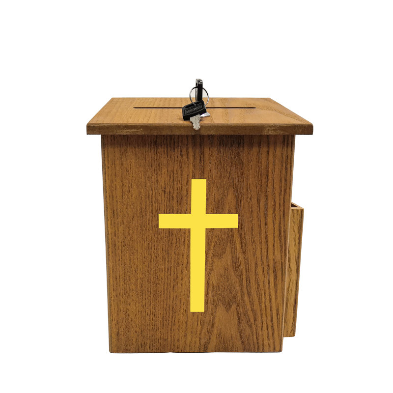 Lockable Oak Donation Box with Gold Cross and Side Pocket