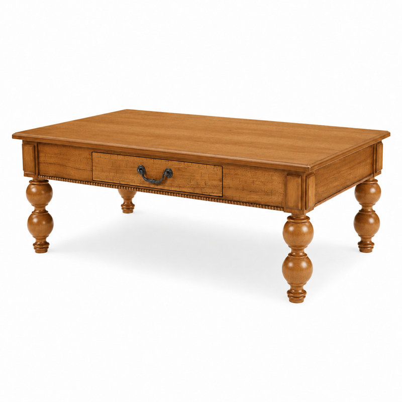 Table basse Vintage Farmhouse avec tiroir de rangement et pieds tournés en bois massif pour le salon, Naturel
