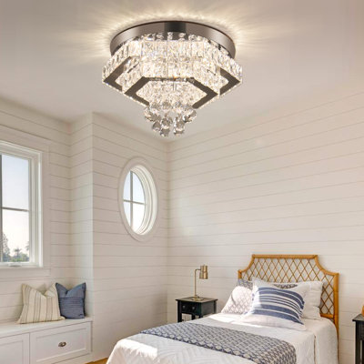 Modern Dimmable Crystal LED Ceiling Light Modern 2 Layers Flush Mount Ceiling Light Fixture Chandeliers Stainless Steel Ceiling Lamp for Living Room Dining Room Bedroom Hallway