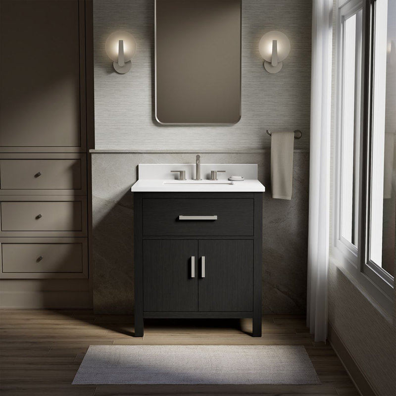 Kresla 30 In. Bathroom Vanity Cabinet With Sink And Quartz Top, Black Oak, Brushed Nickel