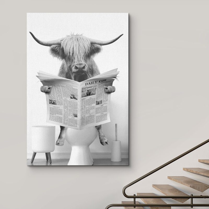 Animals Funny Bathroom Decor Black and White Highland Cow Sit On Toilet Large Framed Canvas Print Wall Art, Wrapped Canvas