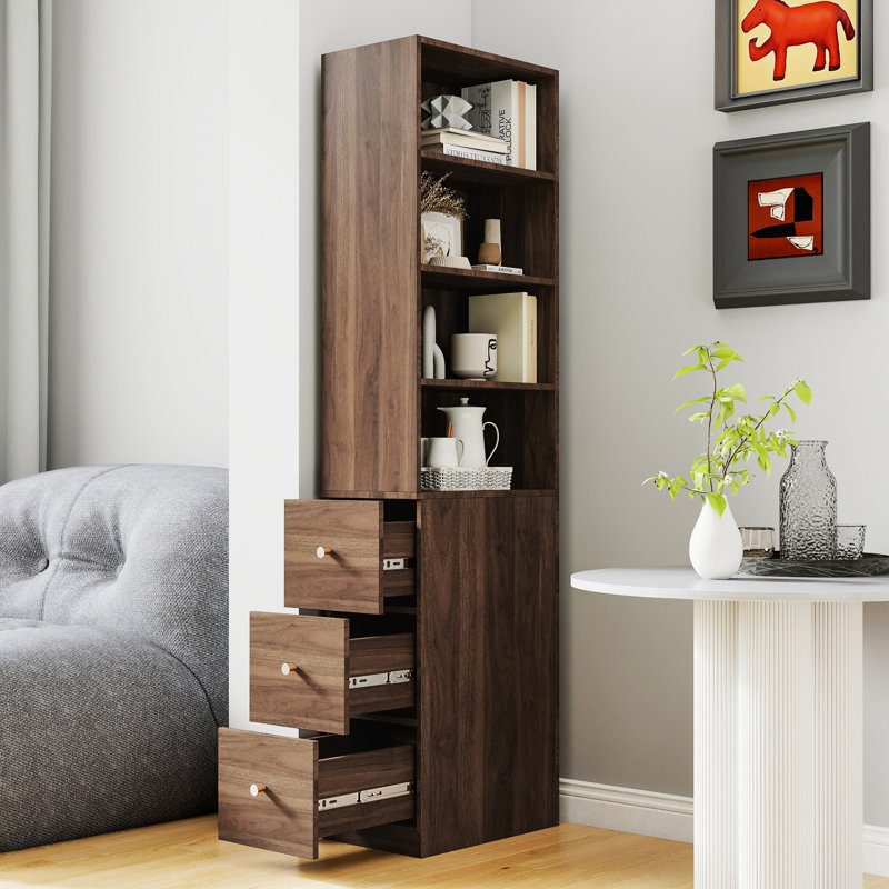 Modern 71.17" Tall 3 Side Drawer 4-Shelf Display Storage Cabinet For Home Office, 11.85 In Width, Material Wooden With 4 Shelves And Drawers Store Storage, Particle Board +