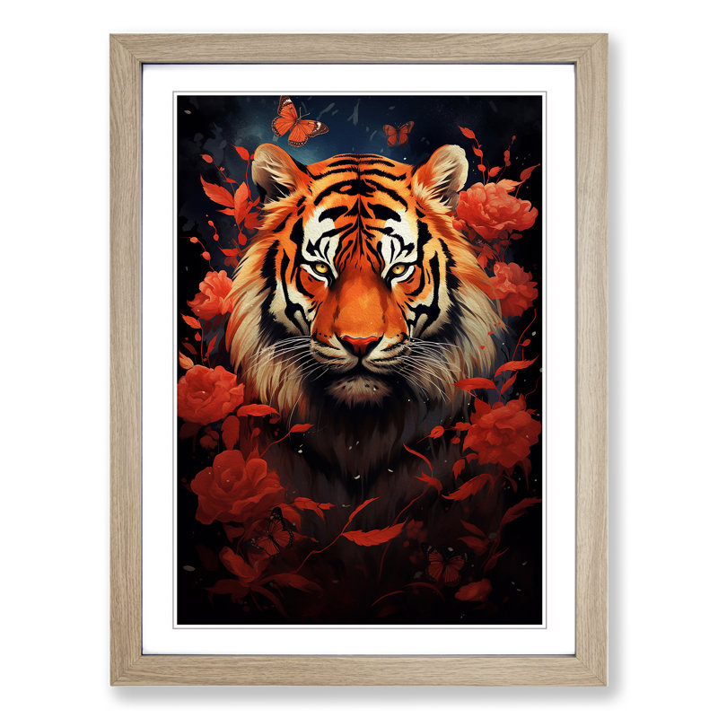 Tiger Symbolism Art - Framed Print, 46cm H x 34cm W, Oak Framed