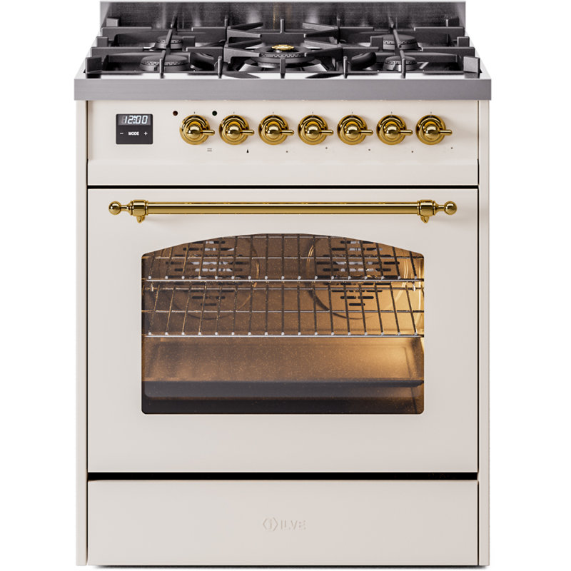 ILVE Nostalgie II 30 in Dual Fuel Range, Antique White/Brass, Liquid Propane