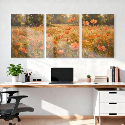 Orange Poppy Flower Field Canvas Wrapped Wall Art Set Of 3 For Living Room Bedroom Home Decor
