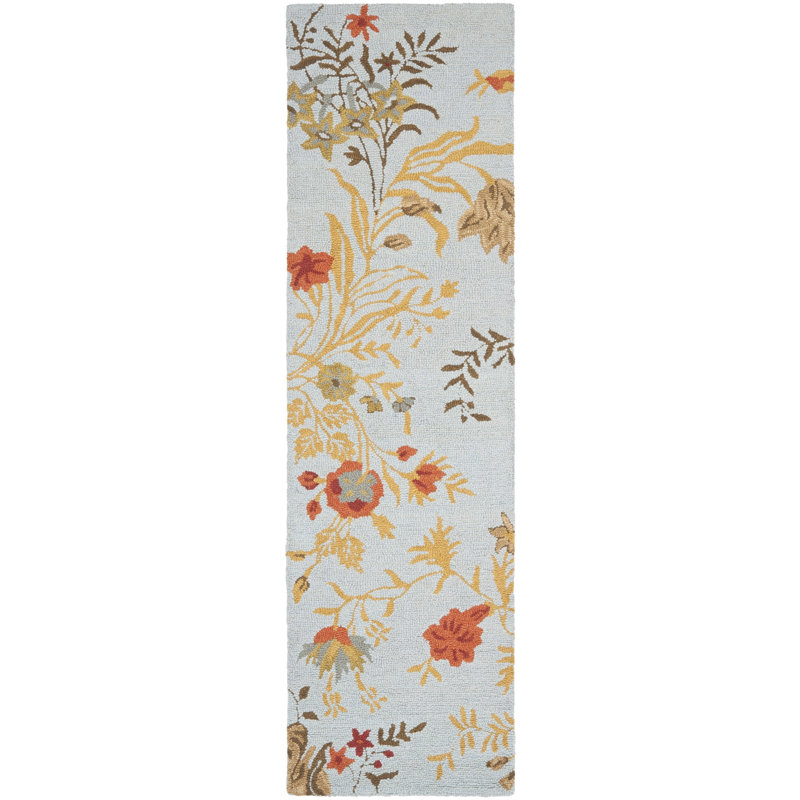 Emrick Hand Hooked Wool/Cotton/Latex Floral Rug in Blue, Runner 2'3" x 11'