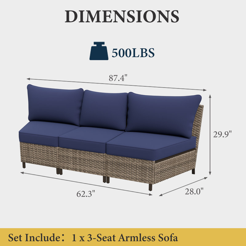 3-Seat Outdoor Wicker Patio Sofa with Cushion, Dark Blue