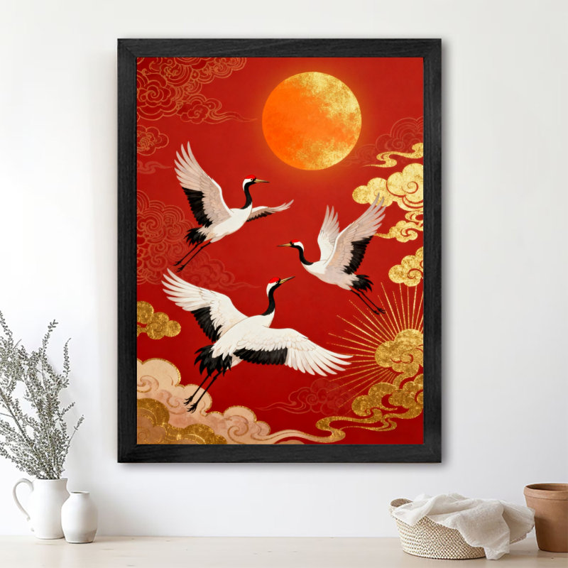 «Black Cranes Vintage Cranes» déploient leurs ailes et volent - longévité et bon augure, reproduction d'art encadrée de style rétro