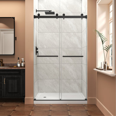 43"-48" W x 76" H Matte Black Reversible Installation Double Bypass Sliding Shower Door Easy Installation Frameless Shower Door,5/16"(8MM) Tempered Glass With Nano Explosion-proof Film