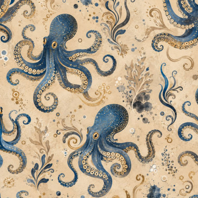 Papier peint adhésif peler et coller bleu pieuvre dorée complexe tentacules dorés l 23,6 po x H 118 po