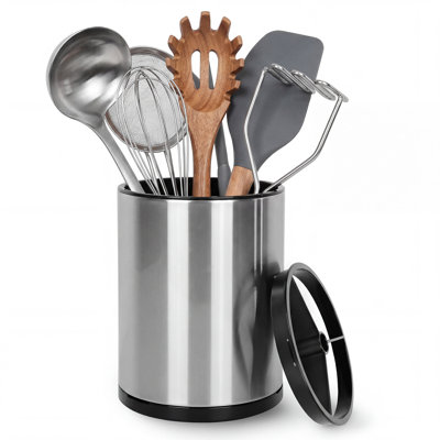 Très grand porte-ustensiles de cuisine pivotant à 360 ° en acier inoxydable - 3 compartiments, base amovible, plateau de drainage - support de rangement de comptoir pour cuillères, spatules, couverts - panier de rangement moderne