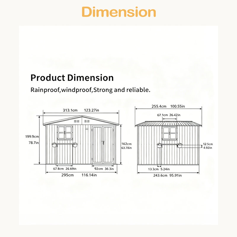 Remise de rangement extérieure en métal 10 pi x 8 pi avec fenêtre et support à fleurs, remise à outils verrouillable à deux portes, remise de jardin imperméable et résistante aux intempéries