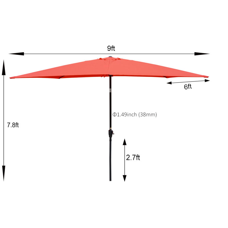 Parasol extérieur imperméable 6 x 9 pi avec manivelle et bouton poussoir inclinable sans rabat pour jardin, Rouge brique