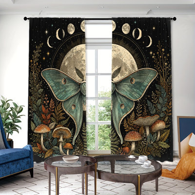 2PCS Bohemian Moon Phase Luna Moth Print Rod Pocket Light Filtering Curtains, Witchy Celestial Butterfly Pattern, Gothic Forest Mushroom Decor,Window Treatments for Bedroom Living Room Home Decoration
