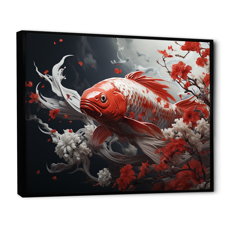 " Red And Grey Kois Fish Swimming With Serenity IV ", 16" H x 32" W x 1" D, Black Floater Framed