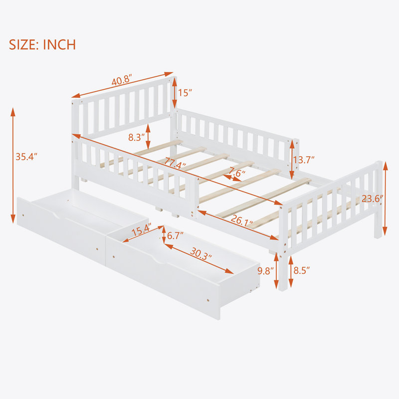 Twin Wood Platform Bed with Guardrails on Both Sides and Two Storage Drawers, White