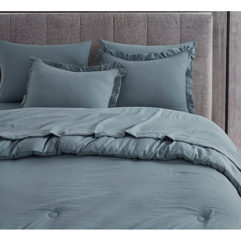 Ruffled Edge Microfiber Bed in a Bag Comforter Set, Twin Comforter + 4 Additional Pieces, Dusty Blue