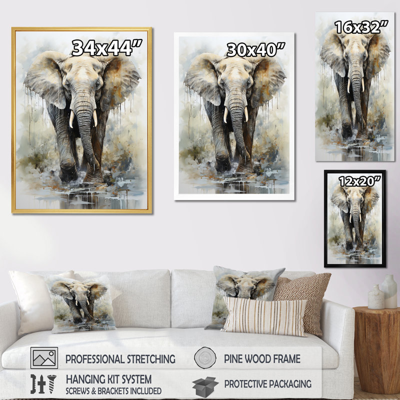 Éléphant élégant en mouvement I sur toile, Cadre simple blanc, H 40 po x l 30 po x P 1,5 po